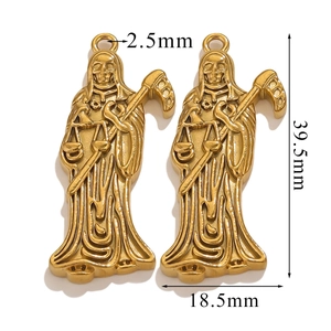 Detailed view of gold plated Santa Muerte pendant with scythe and dimensions