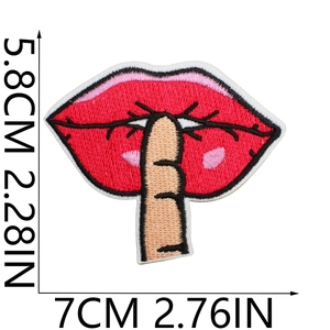 Detailed view of red lips shhh embroidery patch with precise measurement markings