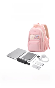 Pink nylon backpack detail showing large capacity storage for laptop and electronics