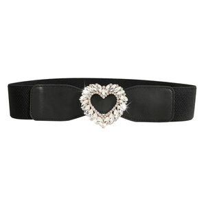 Elastic waist belt for dresses featuring a large heart-shaped buckle with sparkling rhinestones