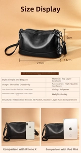 Genuine leather handbag size comparison with dimensions, iPhone X and iPad Mini details
