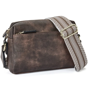 Detail of retro brown leather crossbody bag with geometric woven strap and gold hardware