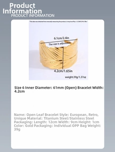 Detail view of gold stainless steel cuff bracelet with hollow leaf design and size specs