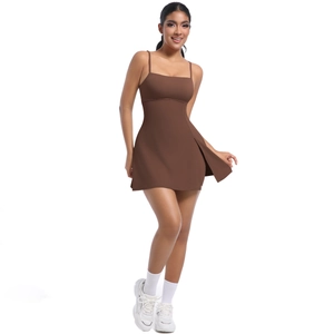 Detail shot of a dark brown tennis dress with side slit and built-in shorts for sports