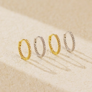 Luxurious S925 silver hoop earrings with full pavé diamonds in gold and silver finishes