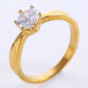 Elegant six-prong gold plated ring with a sparkling round-cut cubic zirconia stone