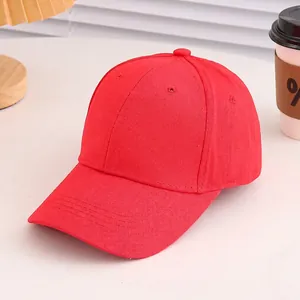 Detail of red cotton baseball cap with six-panel design and embroidered eyelets