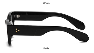 Detail view of rectangular sunglasses featuring three silver star rivets on the temples