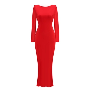 Detail of red slim fit maxi dress featuring long sleeves and an elegant crew neckline