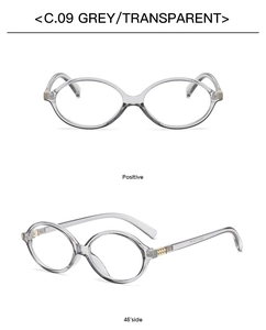 Detail view of oval grey transparent glasses showing front and 45-degree side angles