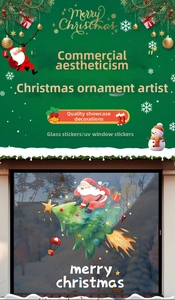 Detail of UV printed Christmas window sticker featuring Santa Claus on a tree rocket