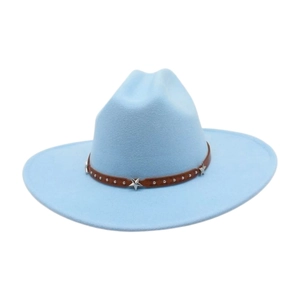 Detail of light blue wide brim felt cowboy hat with silver star studs on brown leather band