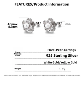 Detailed size chart for 925 sterling silver flower pearl stud earrings with measurements