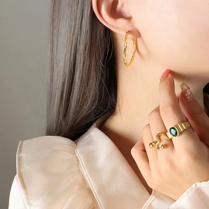 French vintage style gold twisted hoop earrings and green gemstone ring set for women