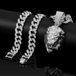 Silver lion head pendant necklace and cuban bracelet set with sparkling rhinestones