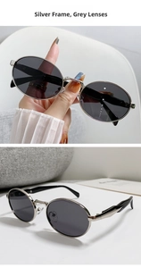 Detailansicht der ovalen Silber-Metall-Sonnenbrille mit grauen Gläsern in zwei Perspektiven