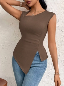 Detail of slim fit dark brown sleeveless top with asymmetric neckline and irregular hem