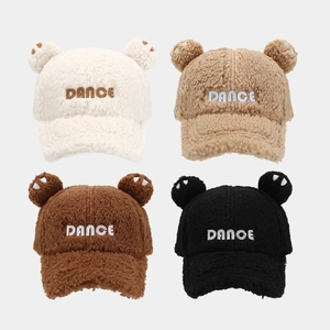 Plush Sherpa Baseball Cap With Cute Bear Ears And Dance Letter Embroidery Winter Warm Adjustable Curved Brim Hat