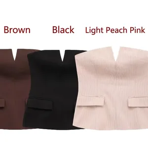 Top a fascia con scollo a V in marrone, nero e a righe con tasche frontali applicate