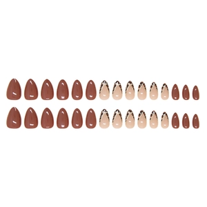 24pcs pointed almond press-on nails with solid reddish brown and leopard french design