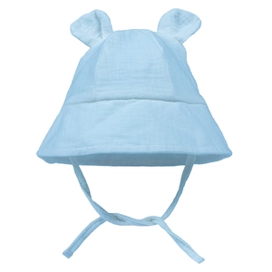 Detailansicht der hellblauen Baby-Sonnenmütze mit süßen Hasenohren und weicher Gaze.