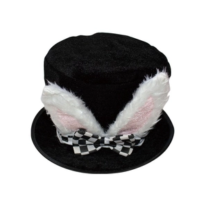 Detail of black top hat with plush bunny ears and checkered bow tie for costume party
