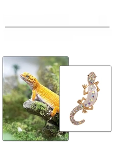 Detail view of crystal lizard brooch showing design inspiration and vibrant rhinestones