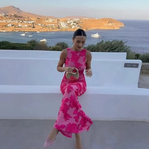 Pink floral mesh maxi dress with deep pink embroidery and bodycon fit for women