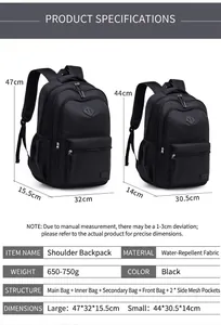 Detailed size chart and specifications for large and small water-repellent backpacks