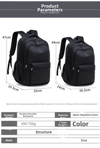 Detailed size chart and specifications for large and small water-repellent backpacks