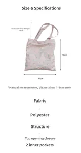 Polyester tote bag size 40x37cm featuring cartoon cat prints and dual internal pockets