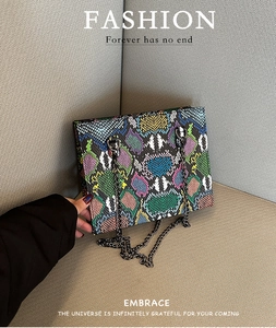 Close-up of vibrant snake print handbag with colorful texture and black metal chain