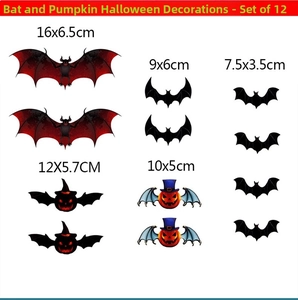 12-piece Halloween 3D PVC bat and pumpkin wall sticker set with various sizes