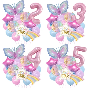 Butterfly Gradient Birthday Balloon Aluminum Foil Latex Macaron Star Number Decoration Supplies For Kids Party