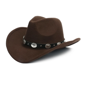Detail of western cowboy hat featuring dark brown wool felt and vintage rivet leather band