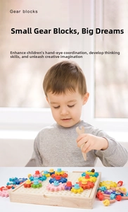 Close-up of a child using a wooden wrench to assemble colorful gears on a pegboard