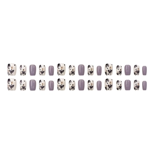 Short ballet press-on nails in matte purple and hand-painted floral designs, 24 piece set