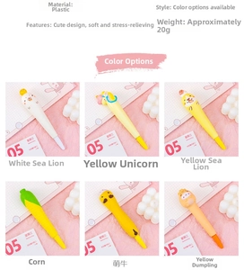 Detailed close-up of cute cartoon stress-relief pens in various animal and food shapes