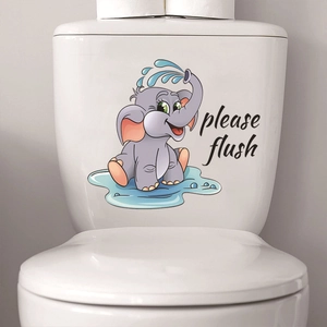 Cartoon elephant toilet sticker with 'please flush' text for bathroom wall and toilet decor