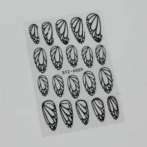 Macro detail of black butterfly wing nail stickers with intricate vein patterns and dots