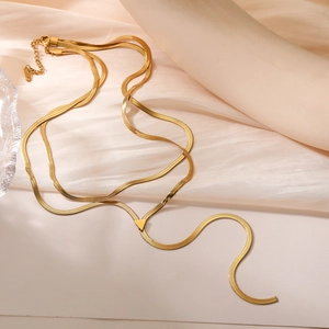 18K gold-plated double-layer snake chain necklace with Y-shape tassel and triangle link