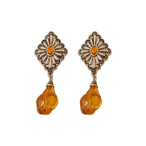 Vintage geometric drop earrings with silver metal sunburst pattern and amber stones