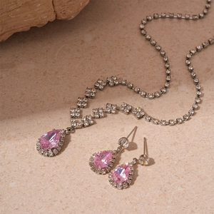 Pink Waterdrop Zircon Necklace And Earrings Jewelry Set Copper With Silver Earring Post Elegant Fashion For Women