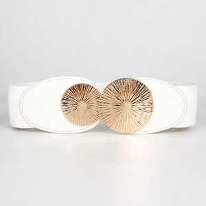 Detail of white elastic waist belt featuring gold dual-disc buckles with sunburst texture