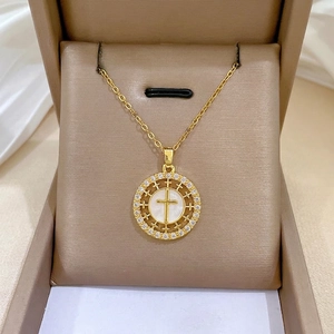 Round Cross Pendant Necklace For Women Stainless Steel Chain Copper Mother Of Artificial Pearl Cubic Zirconia Religious Jewelry