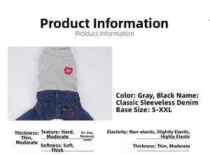 Detail view of denim pet jumpsuit with grey knit fabric and red heart embroidery