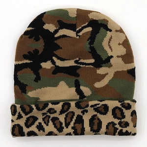 Knitted beanie hat for women featuring a stylish camo pattern and leopard print cuff