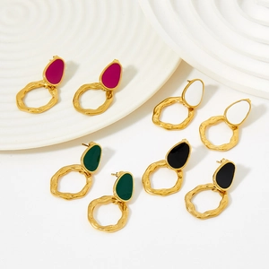 Vintage Enamel Drop Earrings Stainless Steel Irregular Hammered Round Ring Gold Plated Jewelry For Women