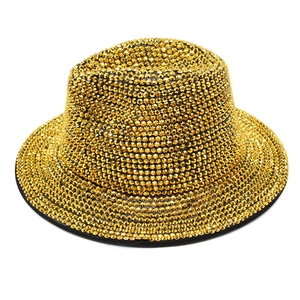 Black wool jazz hat with handcrafted gold rhinestones for women and men stage wear