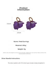 Detailed view of purple petal drop earrings with gold textured ring and product dimensions